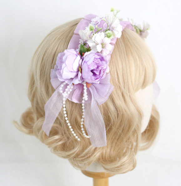Xiaogui - Elegant Lolita Floral Lace Handmade Headband light purple with a retaining clip