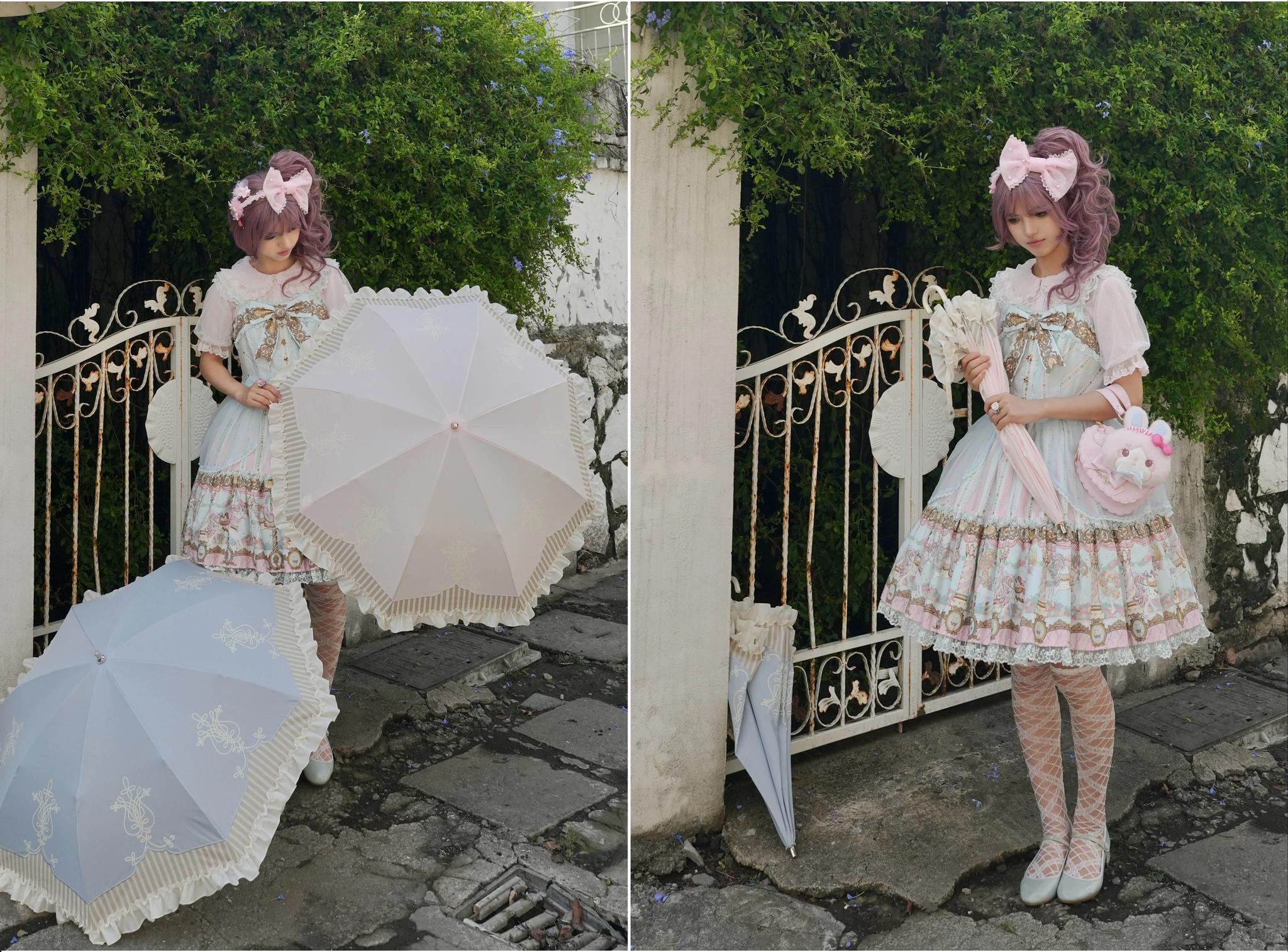 Lyre Academy - Classic Lolita 2-Fold Parasol, Lyre Print & Embroidered Trim 45679:858493