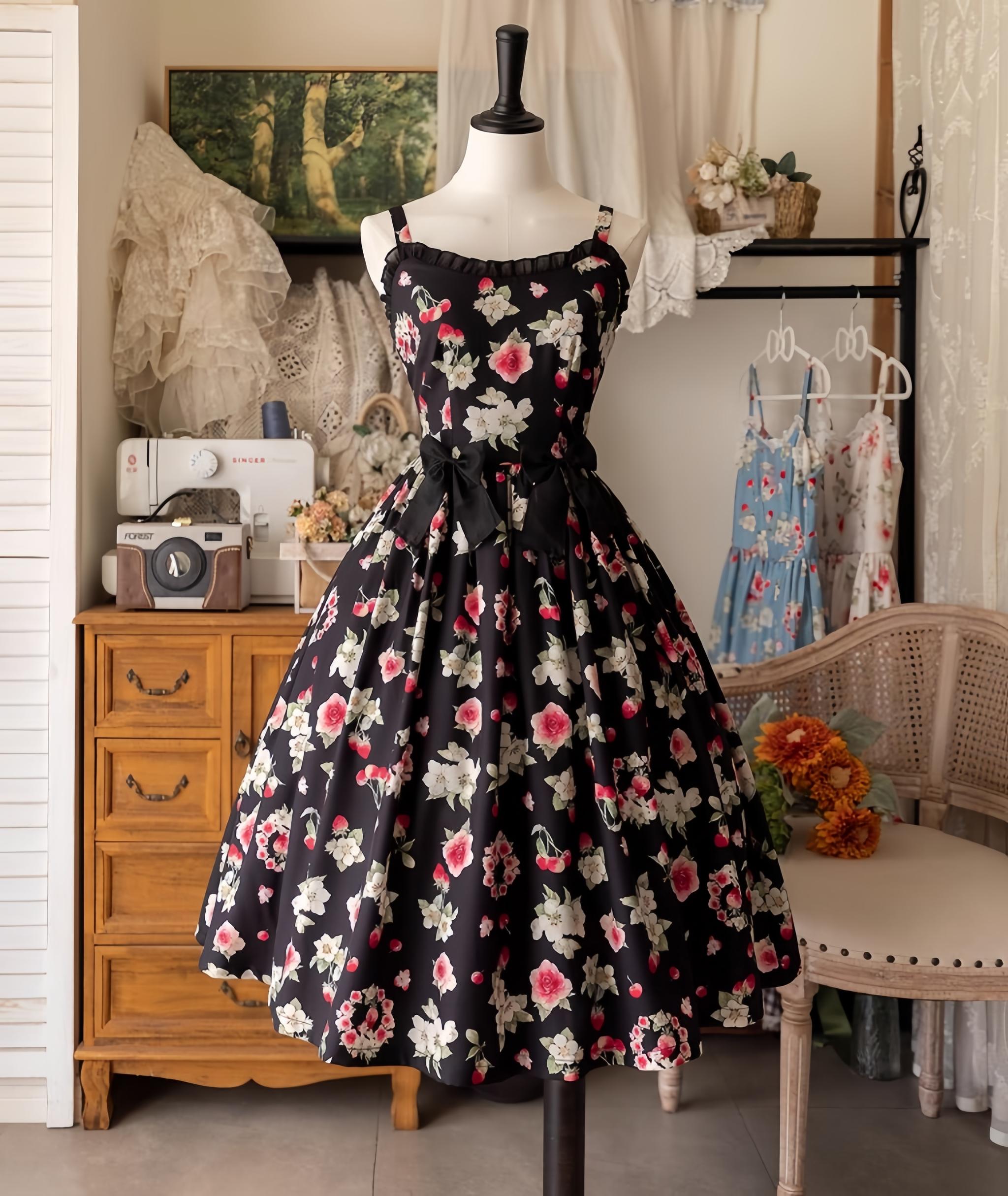 Forest Wardrobe - Summer Berry Picture Book - Floral Printed Classic Lolita JSK Dress Black JSK + Hair Bow Clip S
