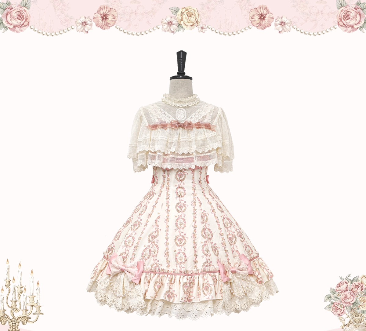 Whispers of Blossoms & Candlelight - Sweet Lolita Floral Printed JSK Dress with Bows (L M S XL) 45631:856599