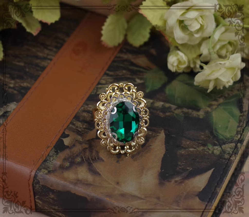 Rose of Sharon - Classical Lolita Gemstone Ring Elegant Vintage Opening Ring Jade green