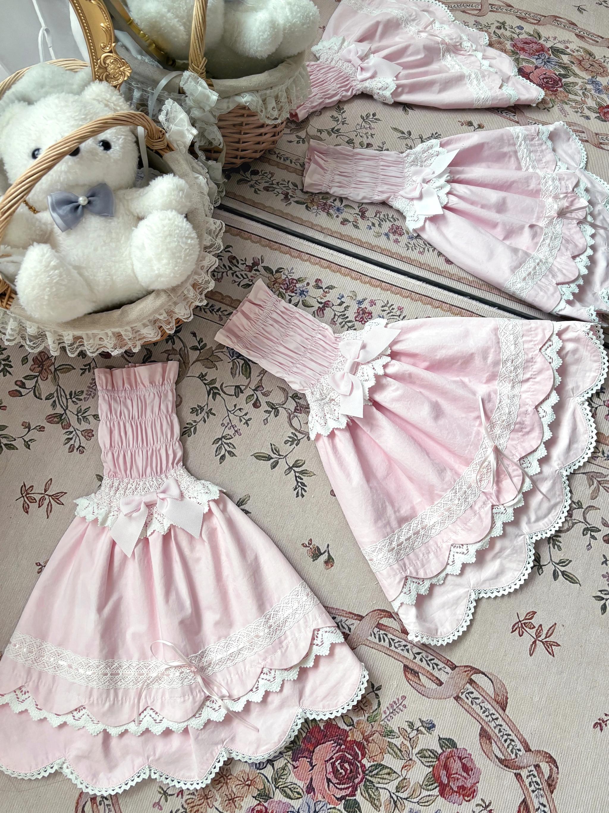 Haruhime Momoko - Cotton Old School Lolita Blouse, Cross Halter Neck Pink - A Pair of Hime Sleeves Only One Size