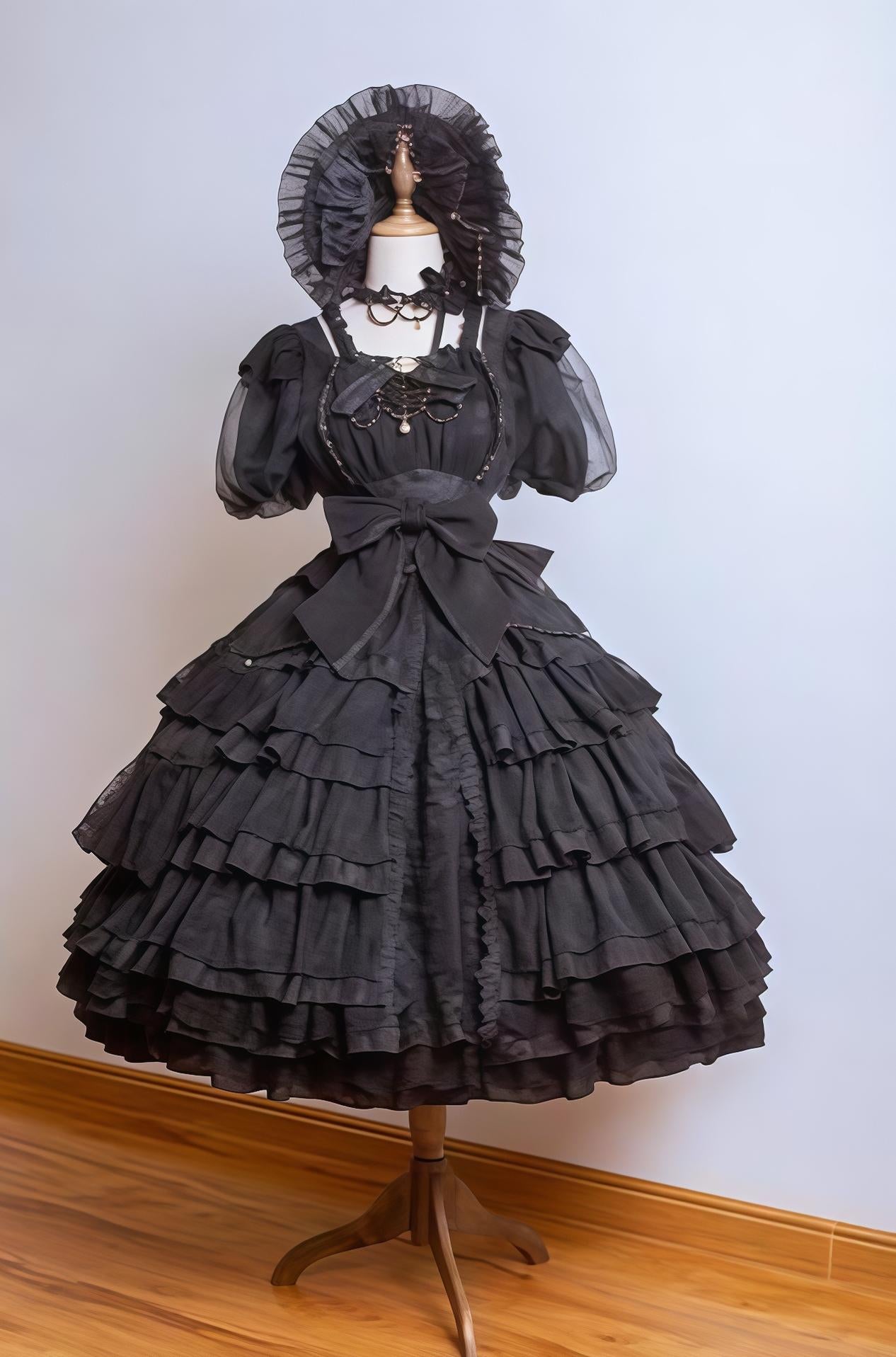 Waltz - Classic Lolita Plus-size OP Dress, Front Opening Black - OP + 1 Waist Bow + 4 Hem Bows S