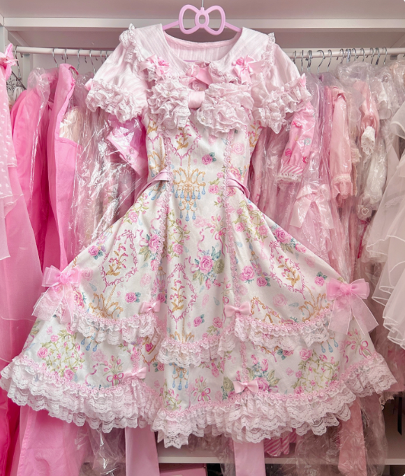 TaTaTa Lolita - Spring 2025 - Old School Lolita Jumper Dress, Floral Prints Matching paired pink cotton blouse S