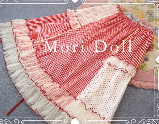 Mori Doll - Peach Tea - Sweet Lolita Dot and Stripe Print Skirt Multicolors S red