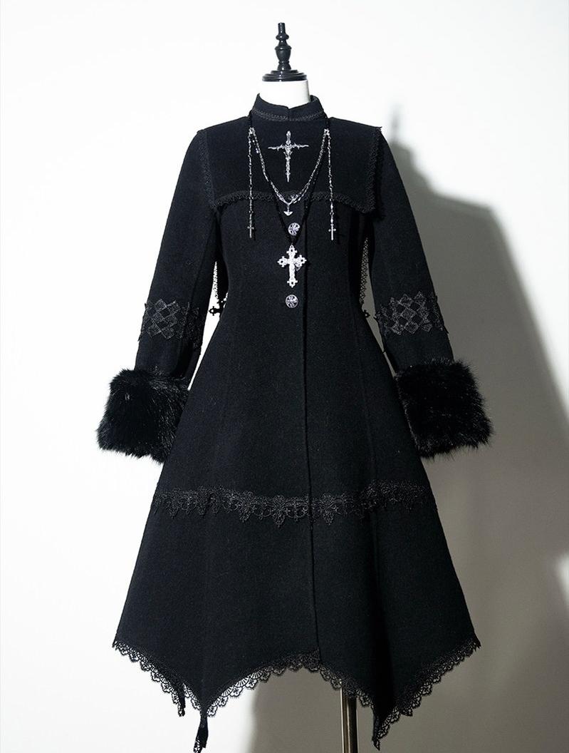 Cain and Lilith - Wool Gothic Lolita Long Coat, Cross Details