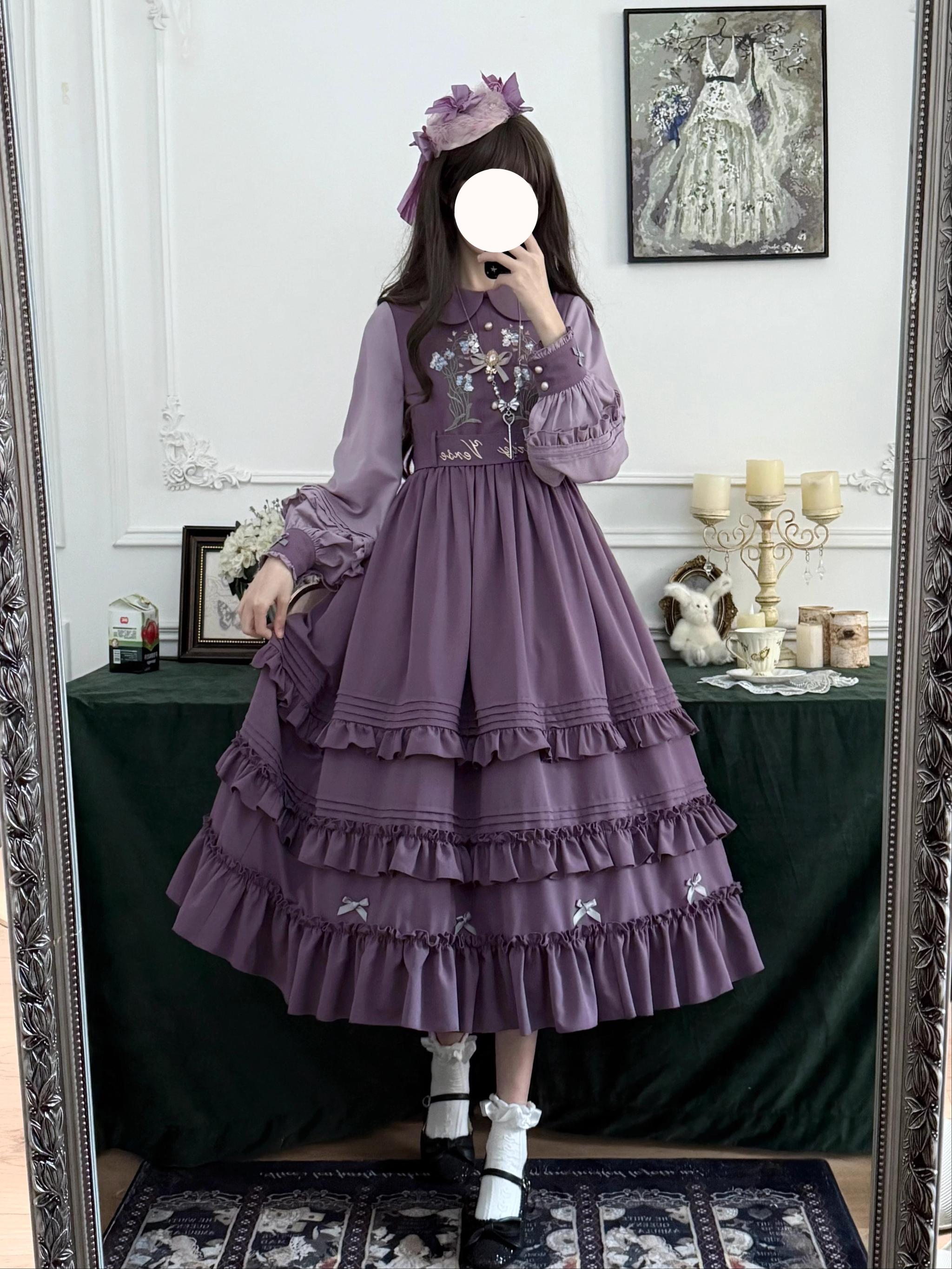 Verdant Name - High-waisted Classic Lolita Dress, Embroidered Bellflower
