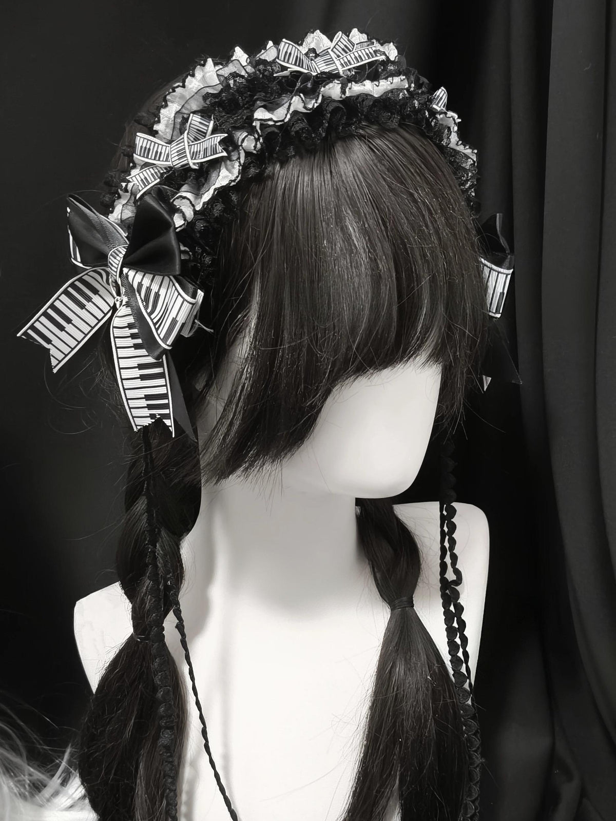 Black & White Old School Lolita Hairband, Piano Key Print 46005:872056