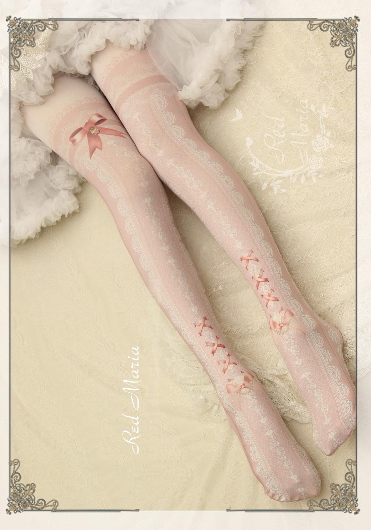 Red Maria - Lace Printed Bow 80D Lolita Tights Multicolors One Size Ash pink
