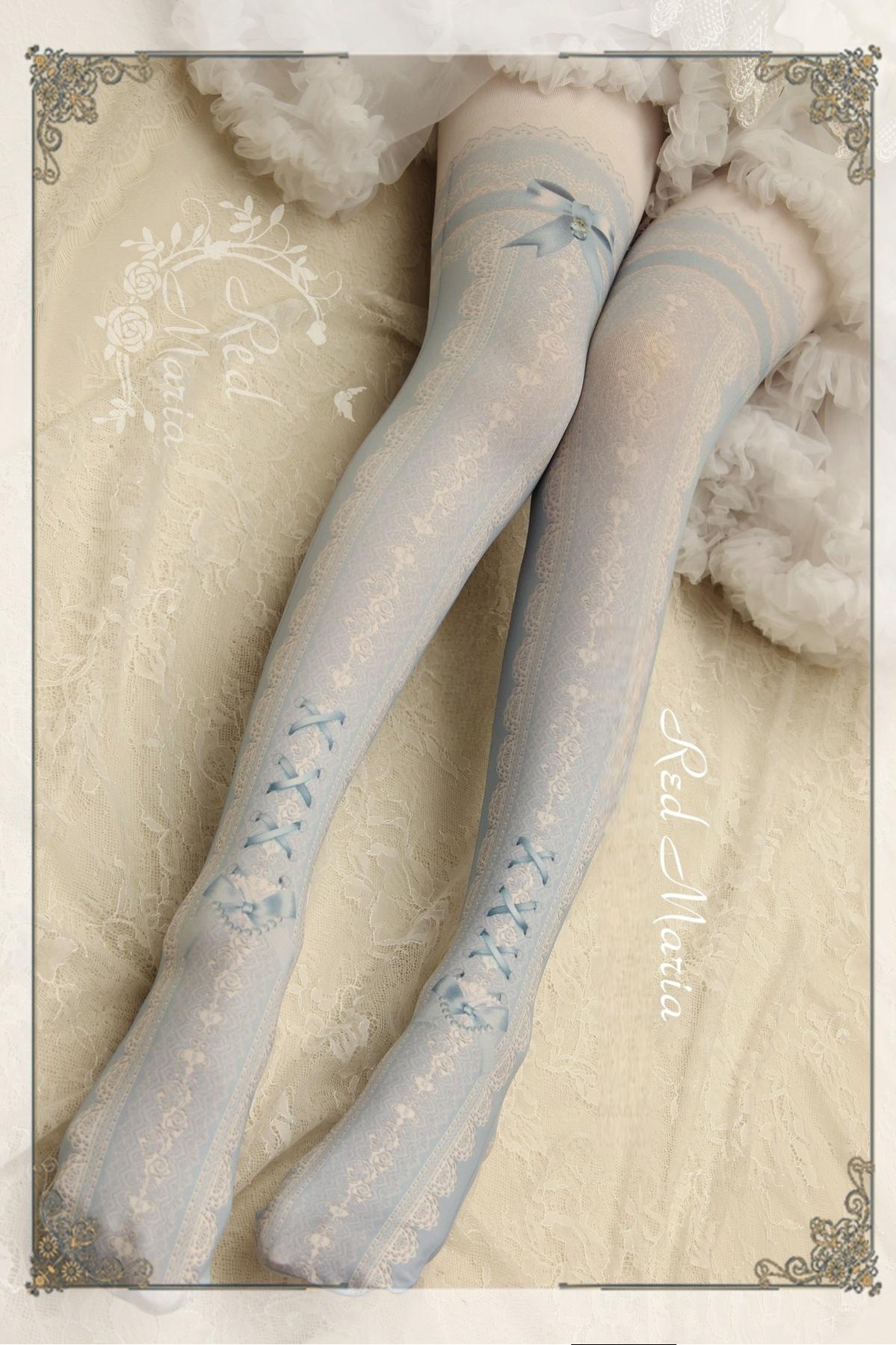 Lace Printed Bow 80D Lolita Tights Multicolors One Size Water Blue