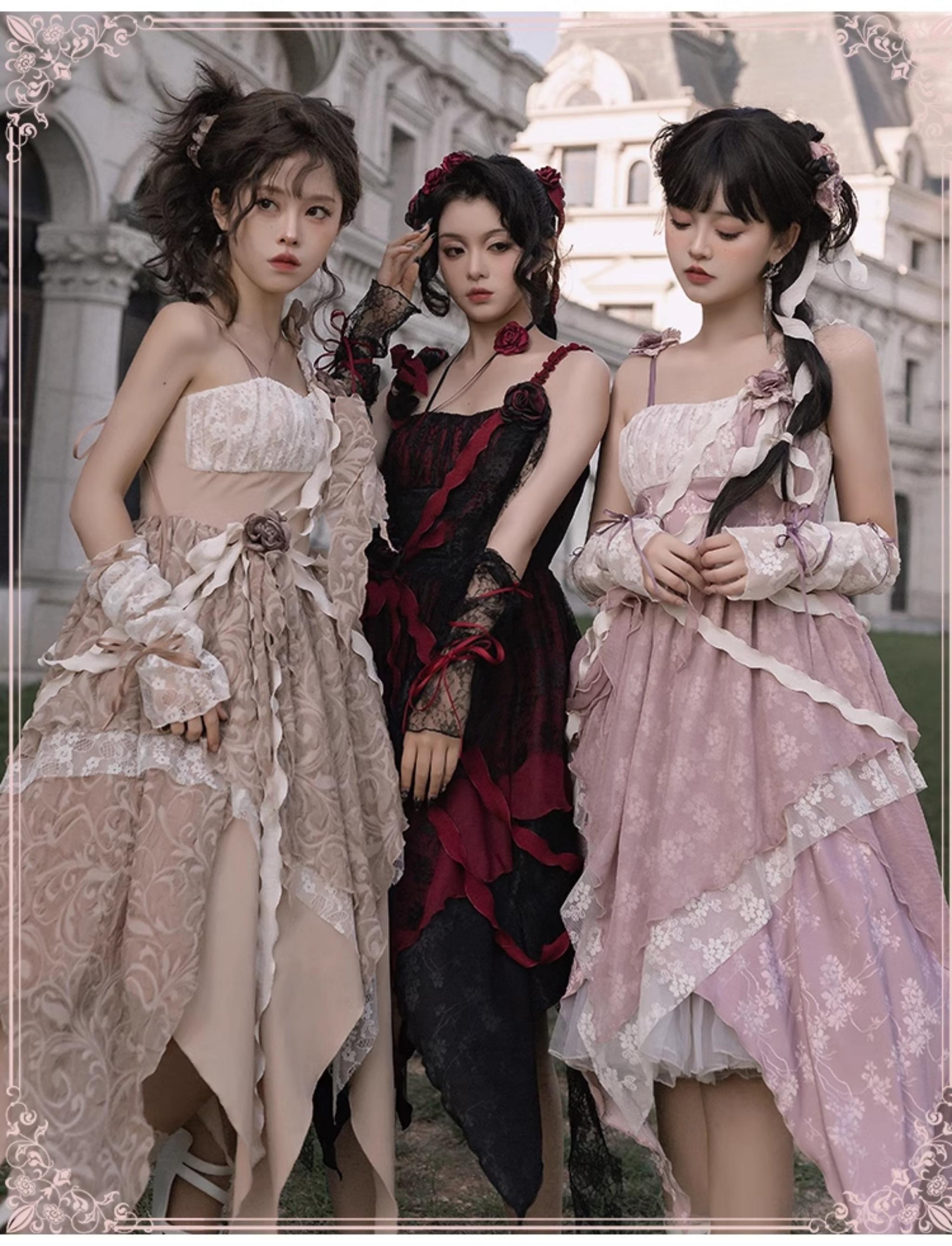 With PUJI - Rose Leaf - Irregular Daily Lolita JSK Dress in Wabi-Sabi Style