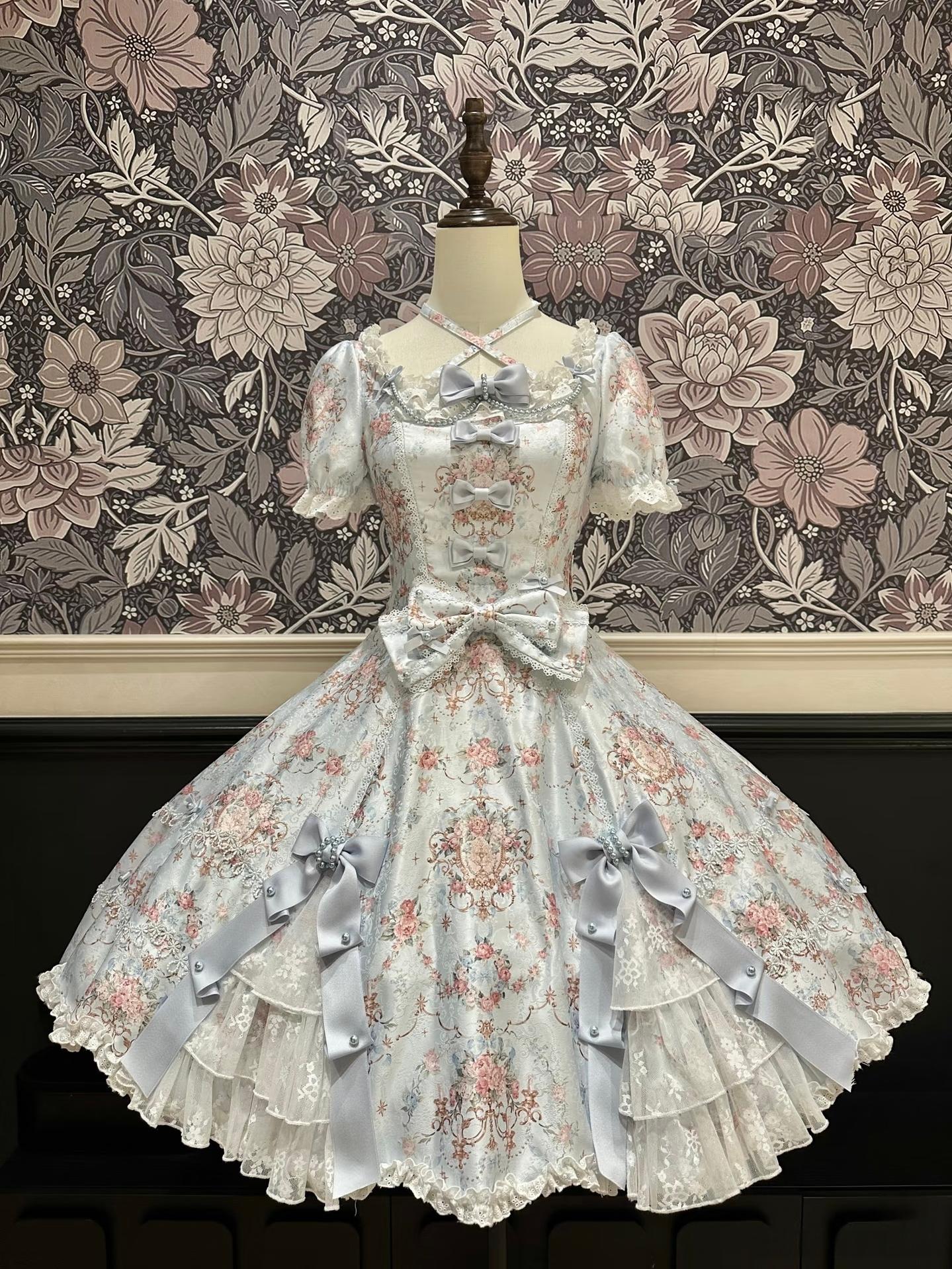 Mengfuzi - FLower in the Mirror - Old-School Lolita Bodice & SK Set, Short-Sleeved OP (Blue / 2XL L M S XL) 44280:802301