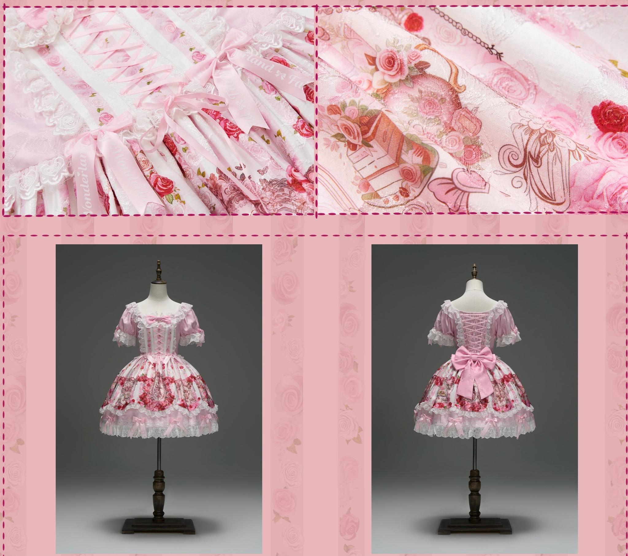 Rose Dream Isle - Sweet Lolita Rose Wall Print Dress, Embroidery & Bows