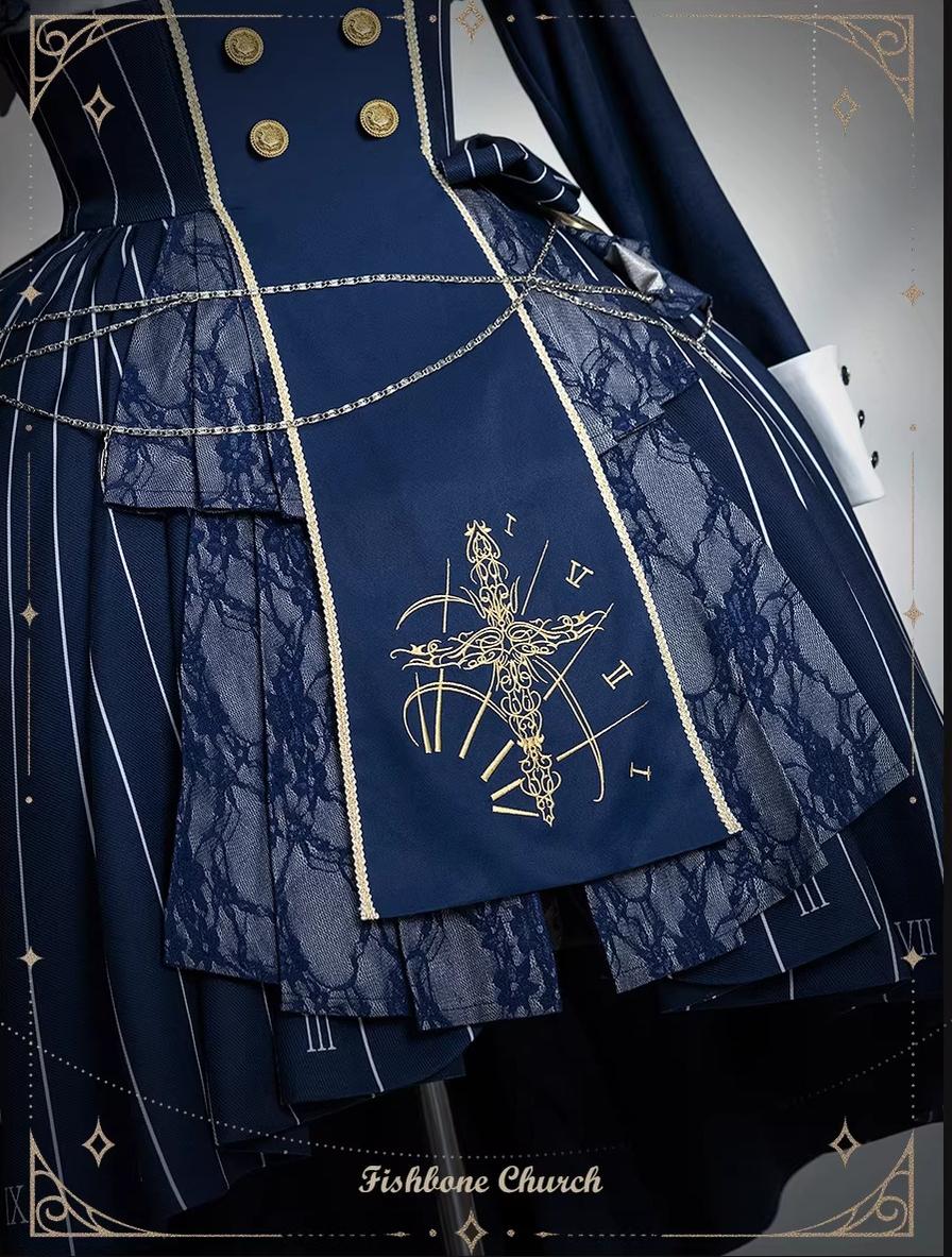 The Choir of the Church - Striped Gothic Lolita Dress Set, High-low Hem