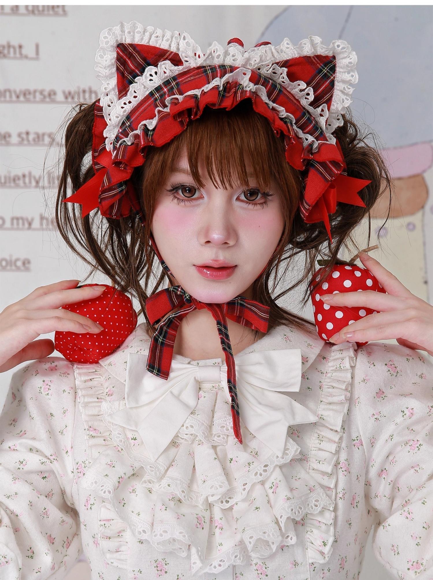 Soso Meme Club - Christmas Sweet Lolita Hairband, Red Plaid Cat Ear 44110:795102