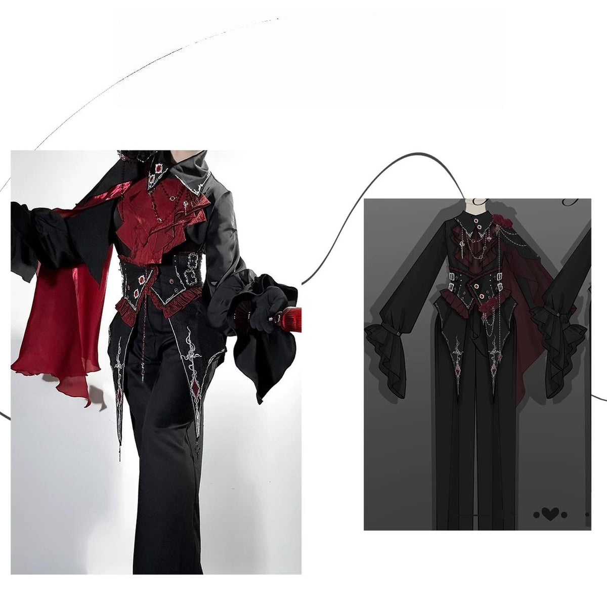 Crimson Vow - Red Black Ouji Lolita Blouse & Pants Set, Vine Embroidery 45953:869281
