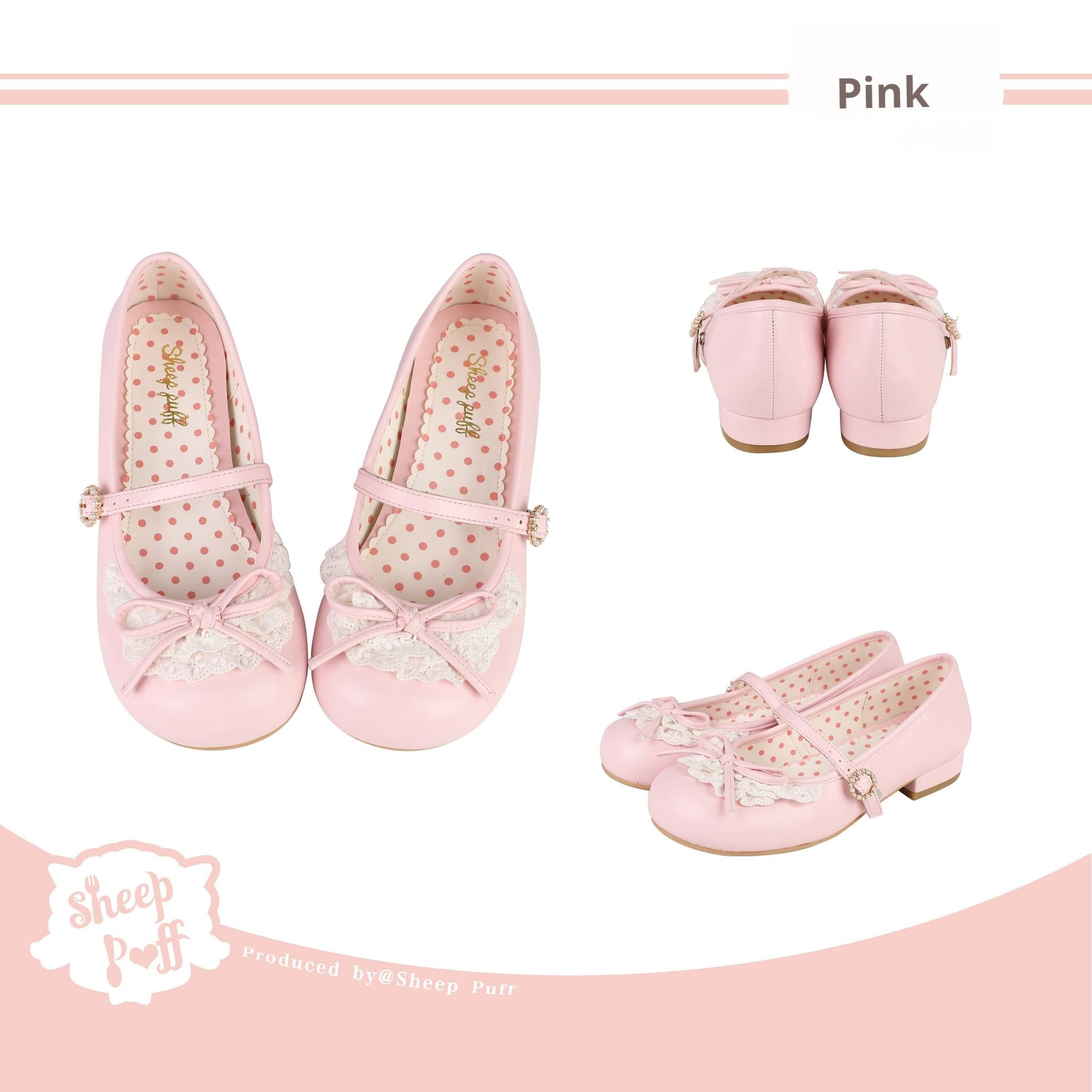 Sheep Puff - Young Layla - Vintage Lolita Shoes Low Heel Butterfly Shoes 34 Pink - low heels