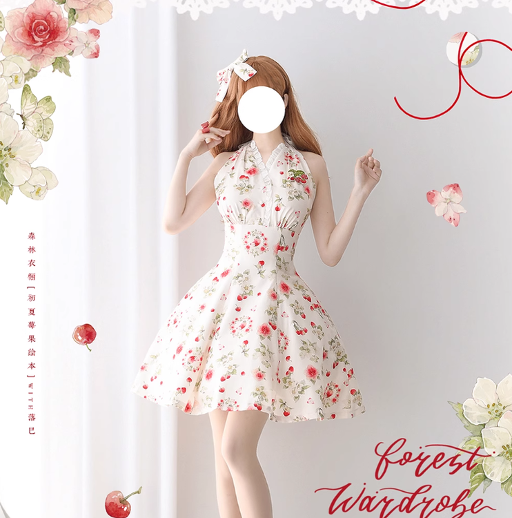 Forest Wardrobe - Summer Berry Picture Book - Elegant Classic Lolita Dress Halter Neckline Floral Print Dress