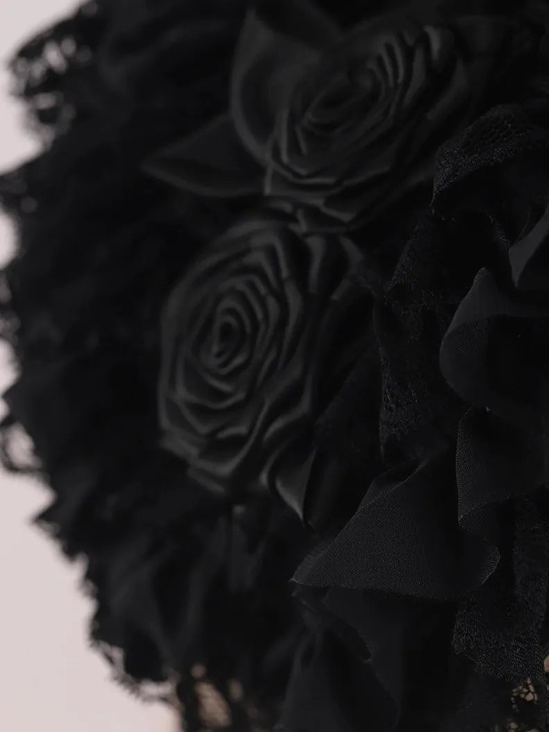 Gothic Lolita Black Hat, Rose & Bead Tassels