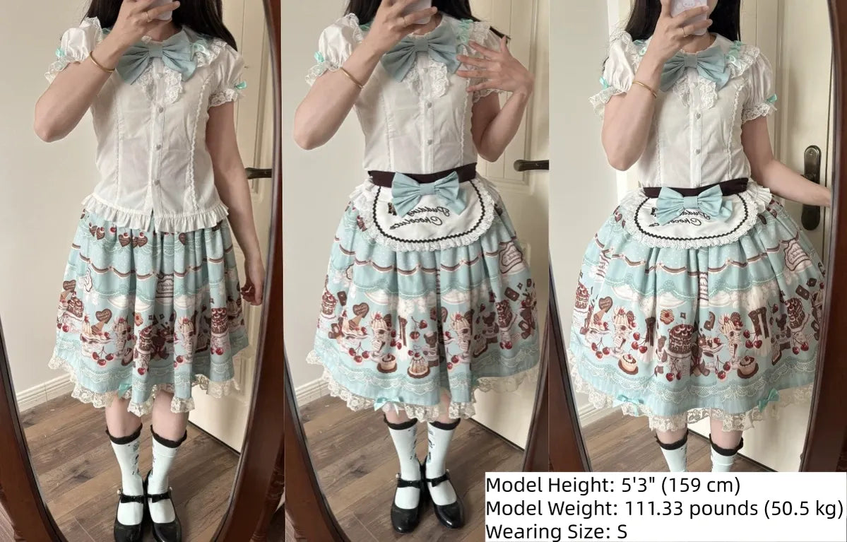 Cherry Choco Bear - Kawaii Lolita Elastic Skirt, Dessert and Cherry Print