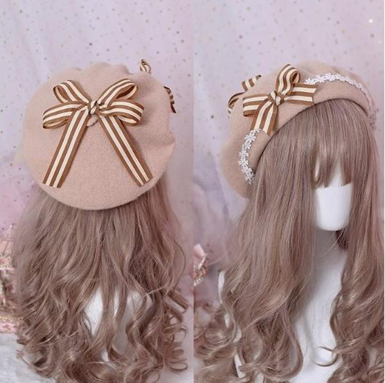 Xiaogui - Sweet and Lovely Daisy Bowknot Woolen Beret Beige bow+beige beret+clips One Size