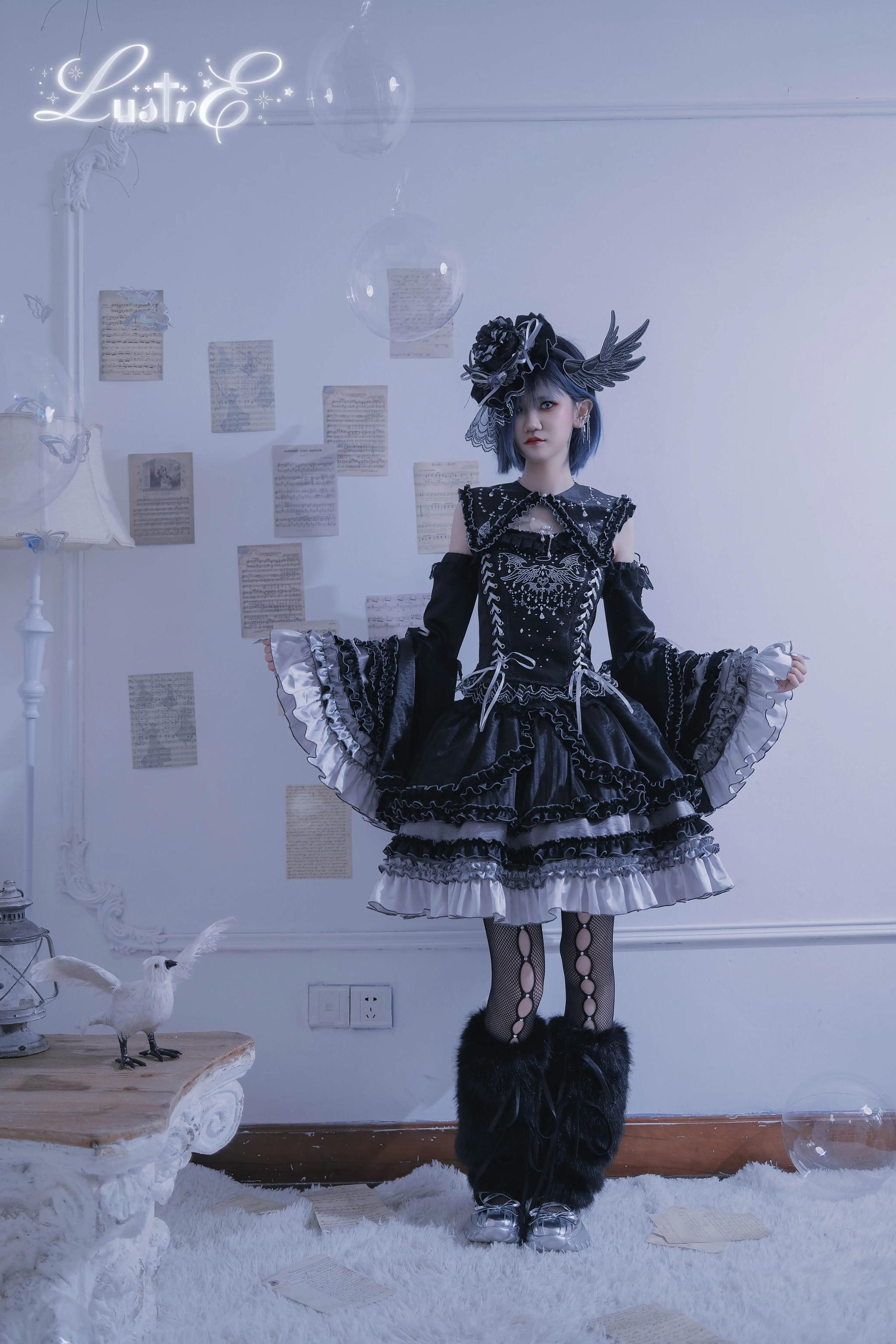 LustrE - Metallic Angel Black - Gothic Lolita Rhinestone Top & Ruffled Skirt Set 43991:791124
