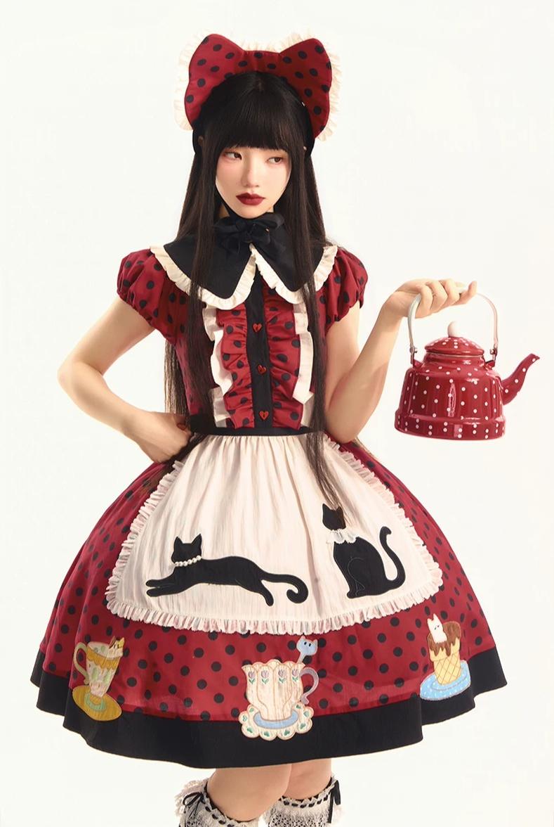 Teacup Meow - Old School Lolita Polka Dot OP Dress, Cat and Teacup Patch 45490:852678