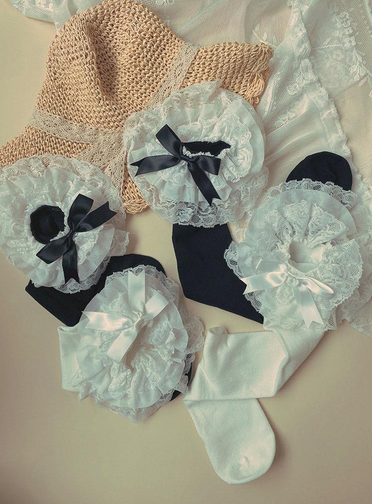 Cotton Lolita Bow Socks with Layered Lace Trim 1624:851152