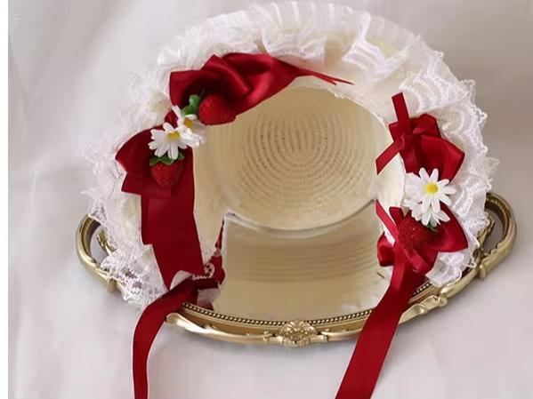 Xiaogui - Sweet Lolita Hat Strawberry Bonnet with Lace and Bow