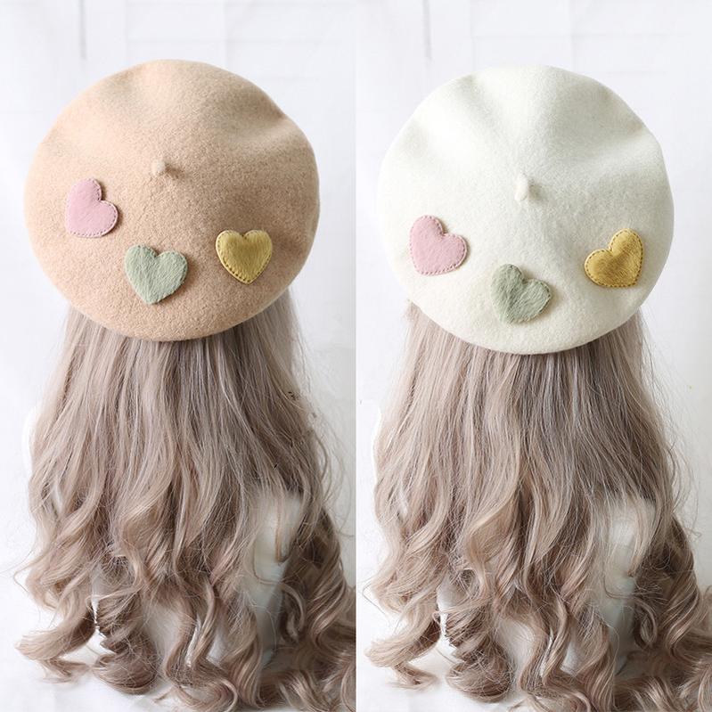 Xiaogui - Sweet Lolita Beret Loving Heart Wool Hat Multicolor