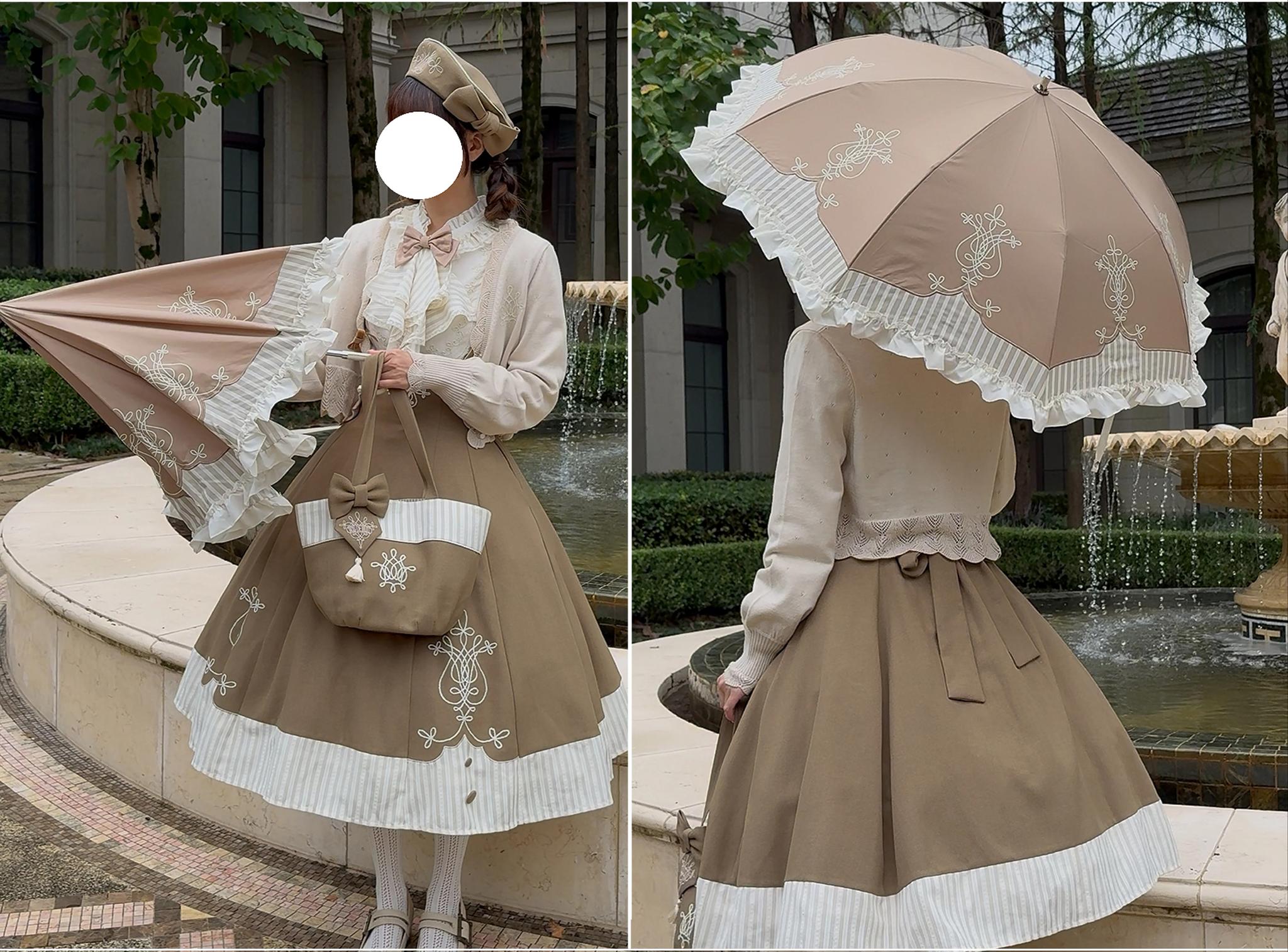 Lyre Academy - Classic Lolita 2-Fold Parasol, Lyre Print & Embroidered Trim 45679:858509