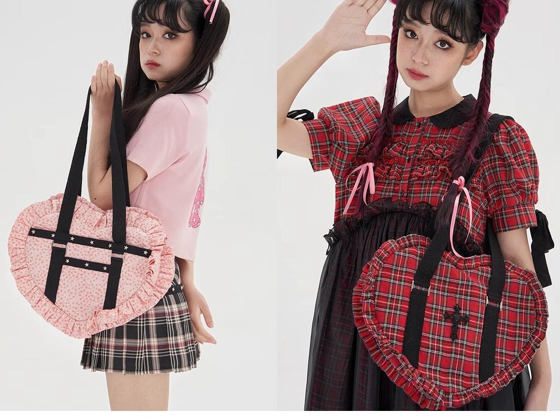 Soso Meme Club - Vintage Lolita Heart Shaped Plaid Dot Print JK Uniform Bag