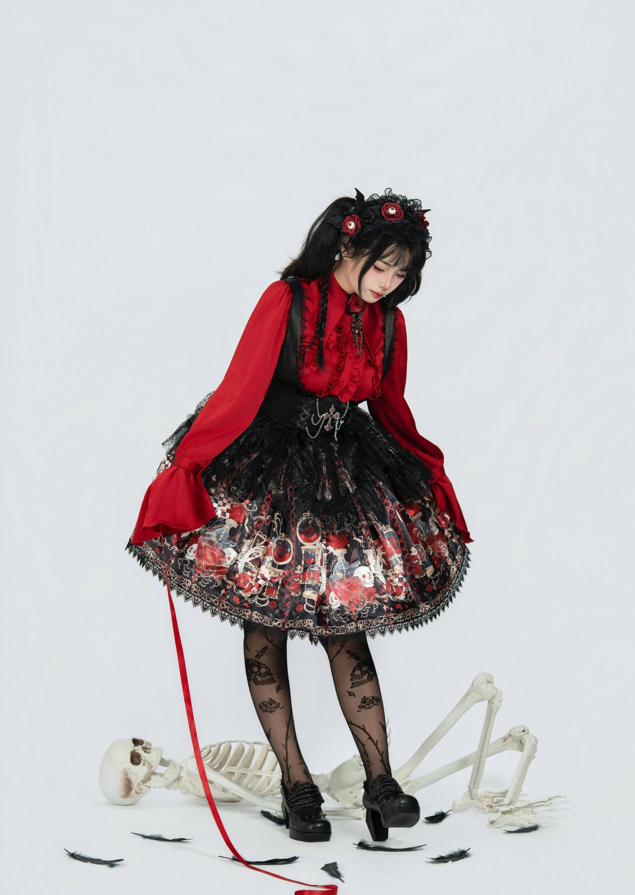 Blood Research Lab - Gothic Lolita JSK Dress, Rose & Skull Print 44449:809026