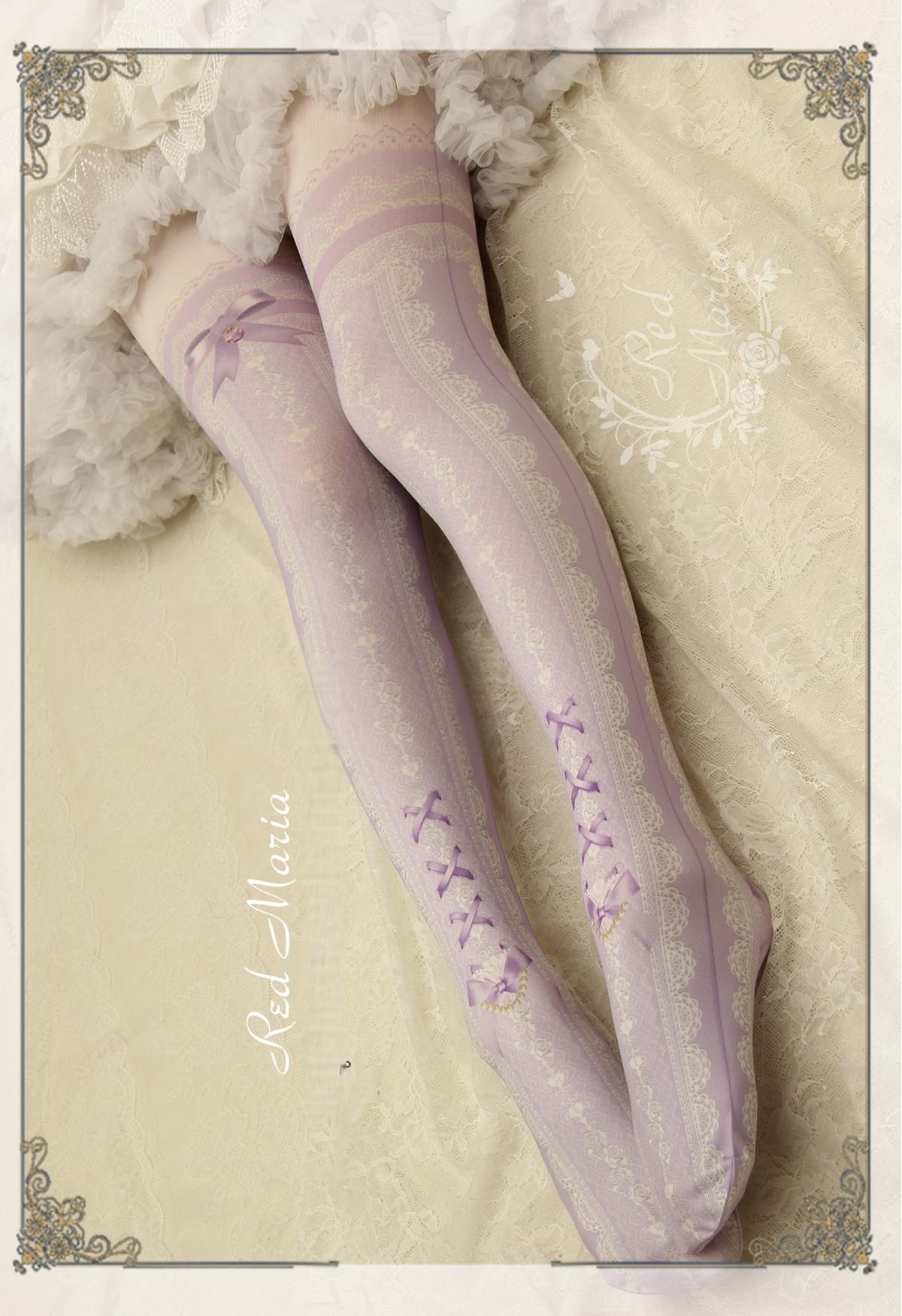 Red Maria - Lace Printed Bow 80D Lolita Tights Multicolors One Size Light Purple