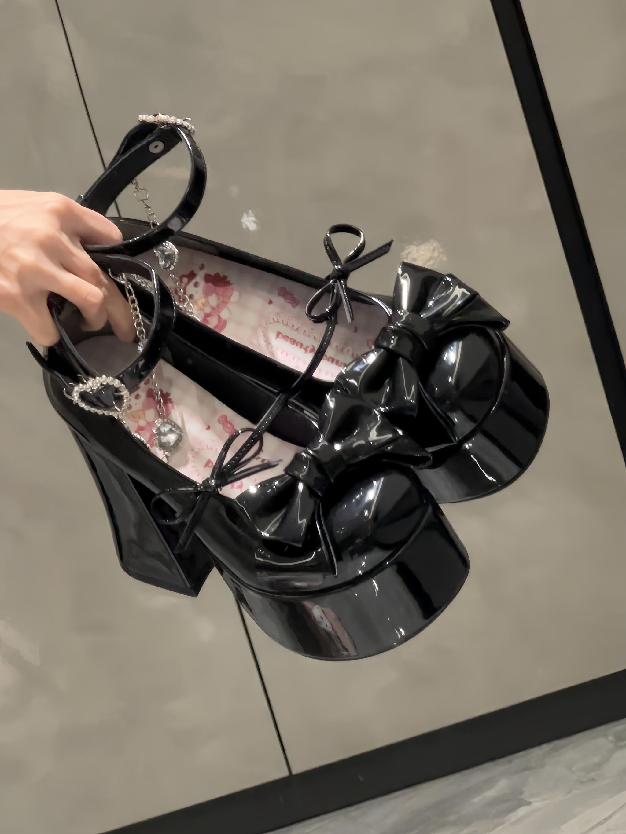 Princess Dudu - Sweet Lolita Heels Shoes, Rhinestone Chain Patent Black with Black Bow 34