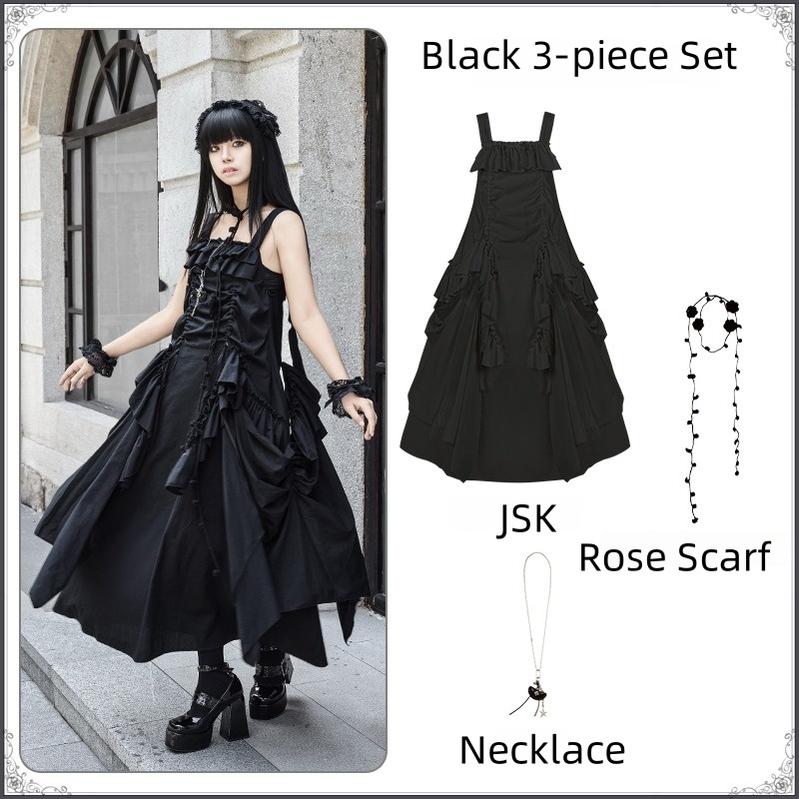 With PUJI - Dream - Daily Twins Lolita JSK, Loose Fit, Hidden Pockets Black 3-piece Set (black JSK + black rose scarf + necklace) S