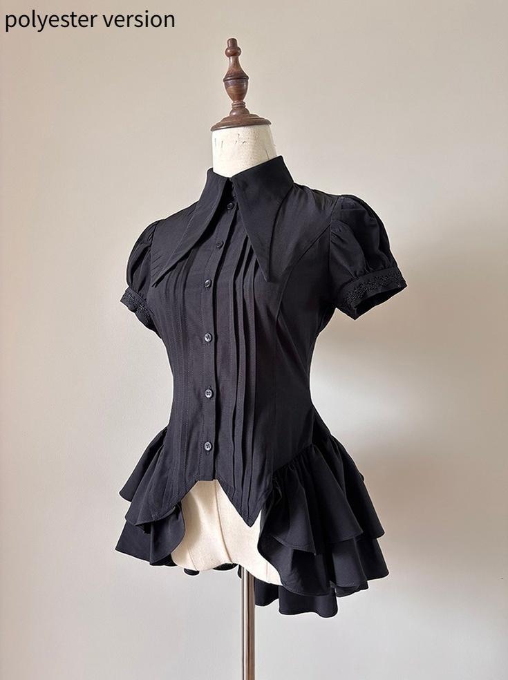FlowerFairyDaily - Midnight Prayer - Solid Lolita Shirt with Flowing Tiered Back Hem 43006:769767