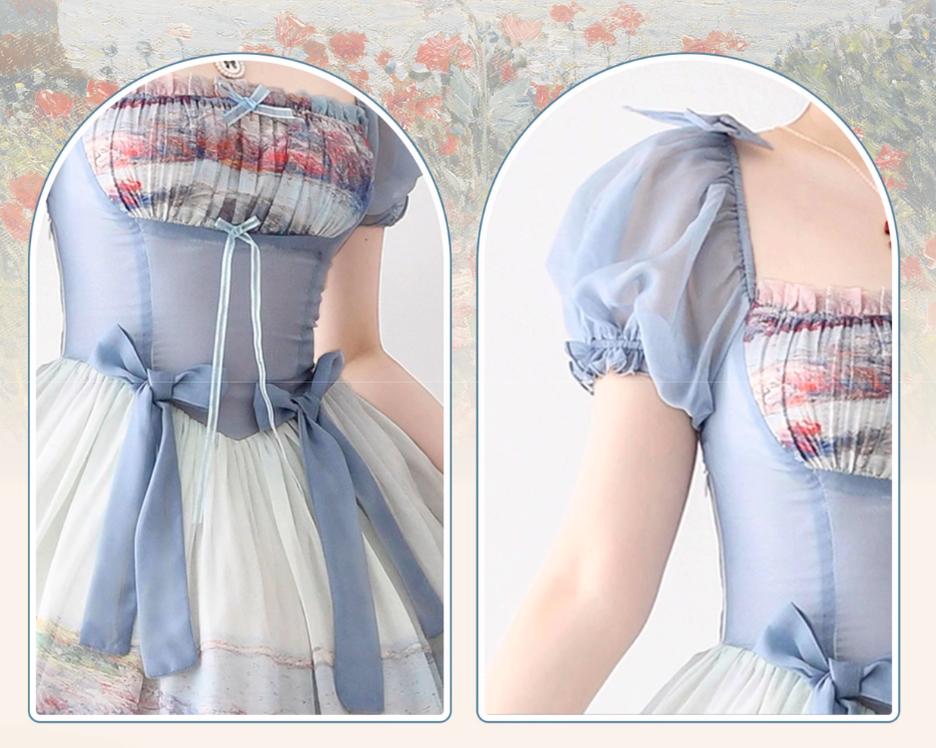 Lo-cyan Lolita - Island Garden - Elegant Lolita OP Dress Oil Painting Print V-Waist Bow Dress