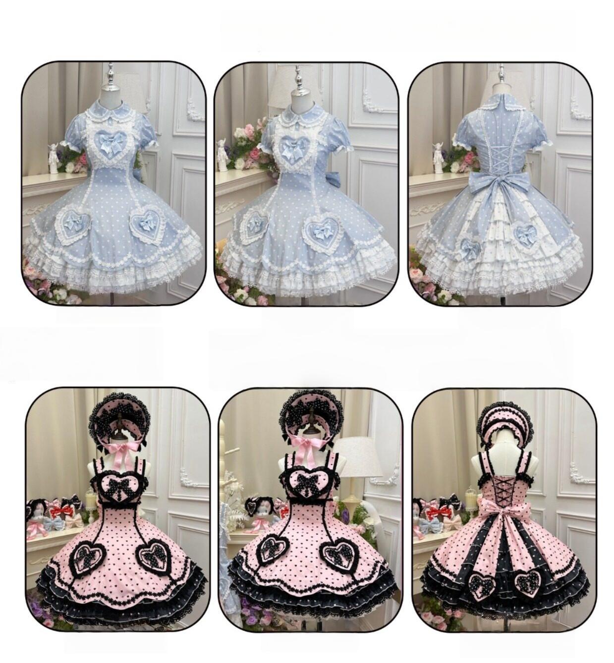 Maiden's Heart Knot - Cotton Old School Lolita Dress, Heart Polka Dot