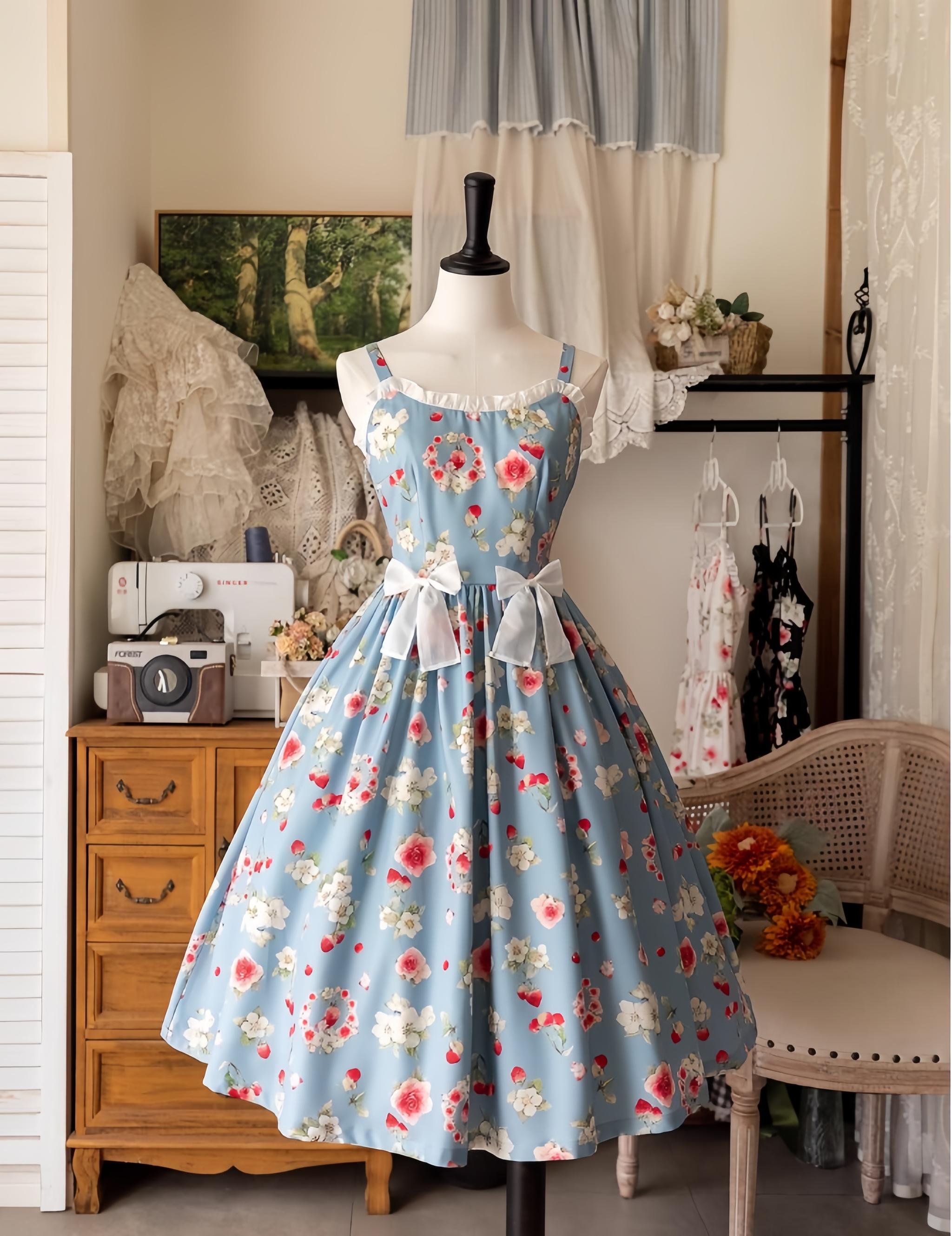 Forest Wardrobe - Summer Berry Picture Book - Floral Printed Classic Lolita JSK Dress Blue JSK + Hair Bow Clip S