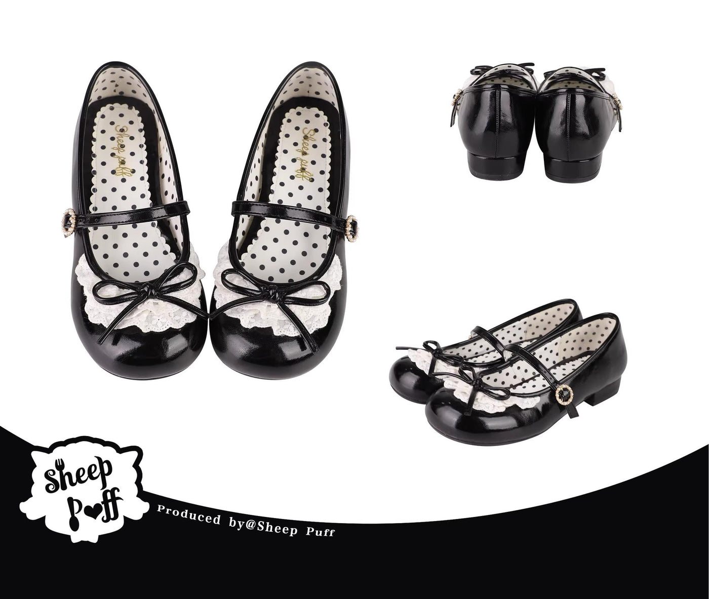 Sheep Puff~Little Leila~Kawaii Lolita Shoes Round Toe Flat Shoes 34 Black low heel-2.5cm 