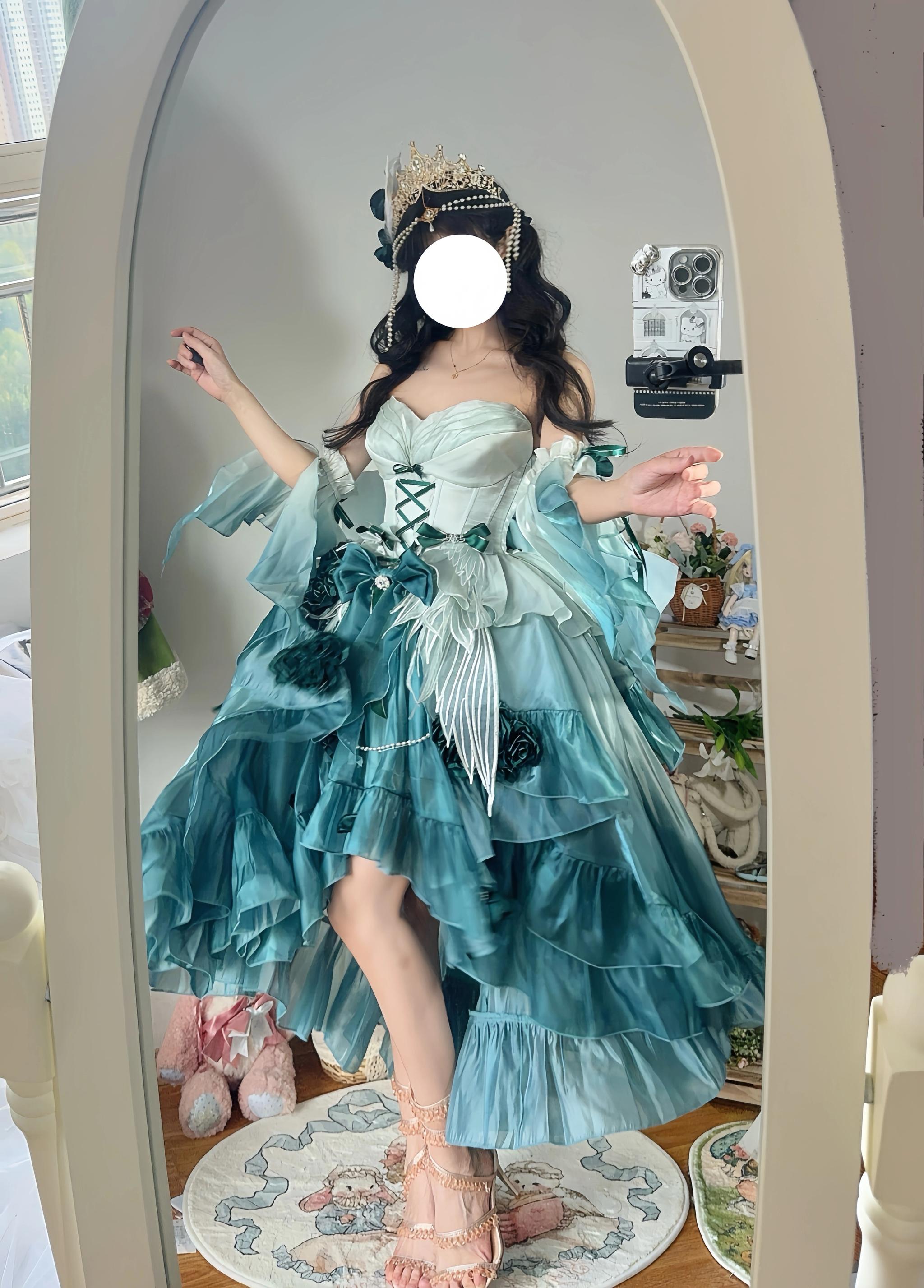 Meowing and Fruity - Swan Wonderland - Fairy Lolita JSK with High-Low Hem Amber Green - Single JSK Only S