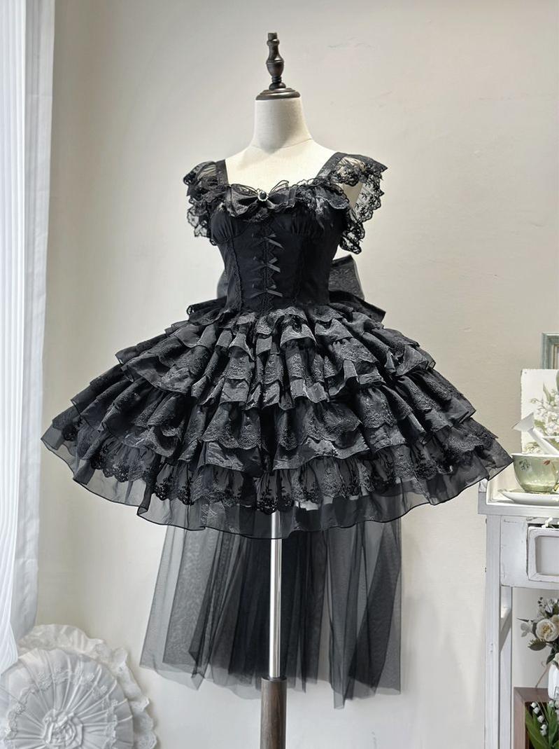 Phoenix Rise - Sweet Lolita Wedding JSK, Bullet Dress Inspired Black JSK + Trailing S