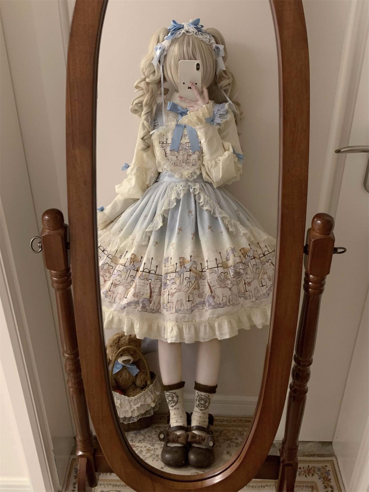 Uncle's Workshop - Angel Lamb - Kawaii Lolita Dress With Side Pockets, Lamb Print Blue Skirt Only S