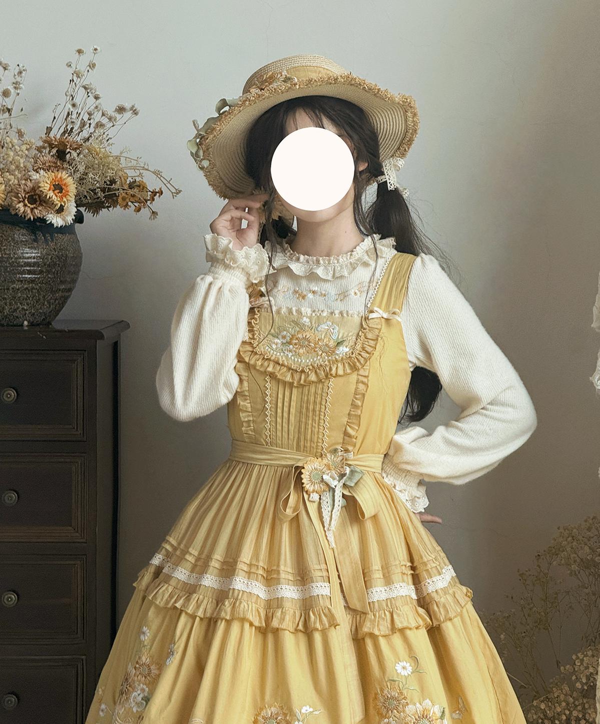 Moonlight Amber - Sunflower - Embroidered Country Lolita Dress, Tiered Skirt Single Fabric Thin Waist Tie XS