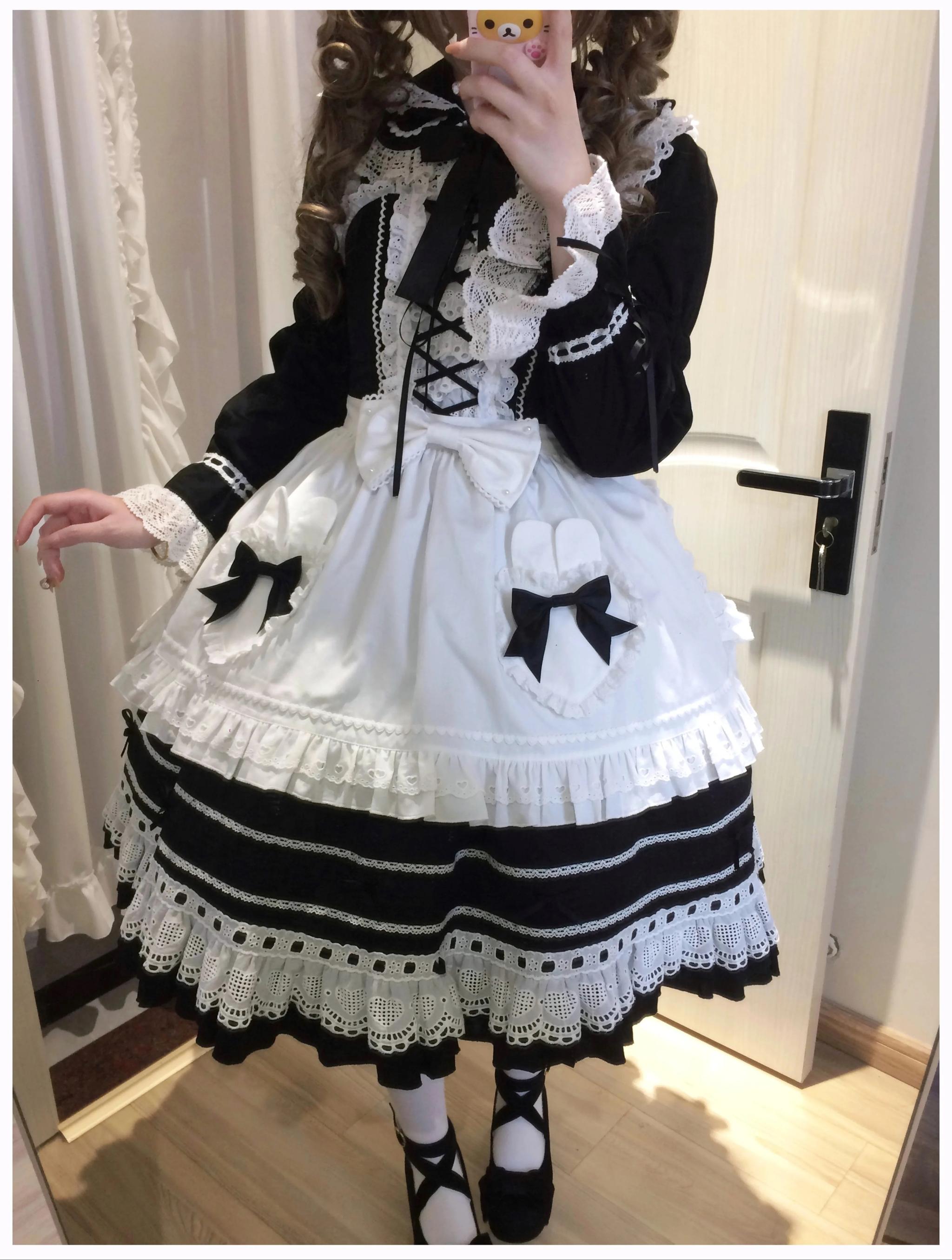Little Bunny Bakery - Old School Lolita Cotton JSK Dress, Bunny-ear Heart Apron