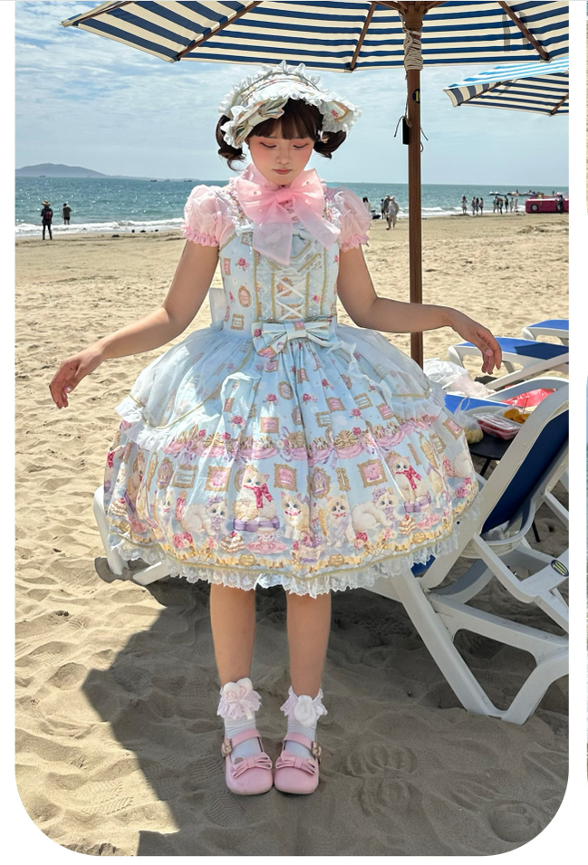 Discovering Treasures - Picture Frame Cat - Kawaii Lolita Dress Suit Cat Print JSK and OP 42605:747080