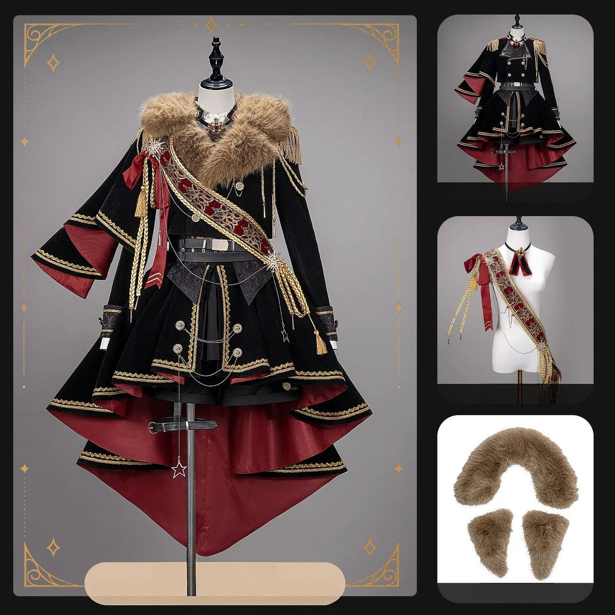 Canticle of Rites - Military Ouji Lolita Jacket & Shorts Set, Detachable Train Black-Red Full Set S Pre-order