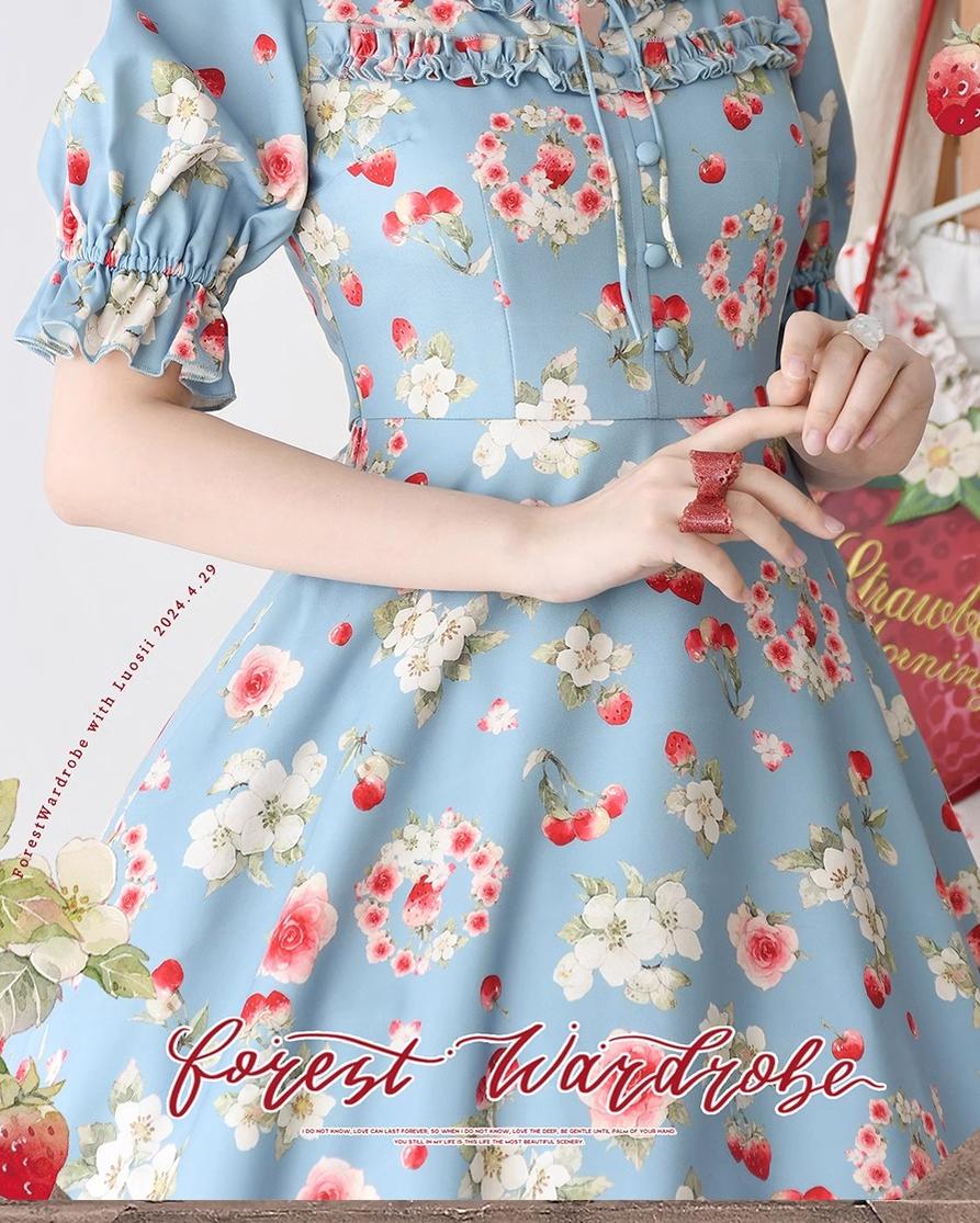 Forest Wardrobe - Summer Berry Picture Book - Vintage Lolita OP Dress Floral Print Short Sleeve Dress