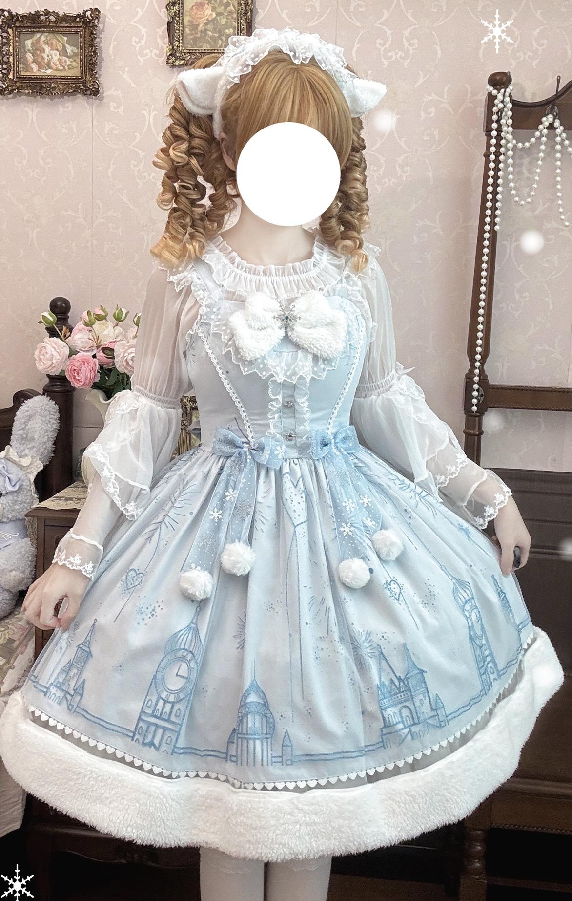 ZhiJinYuan - Snow Castle - Winter Sweet Lolita JSK Cape Dress, Blue Castle Print 44107:796778